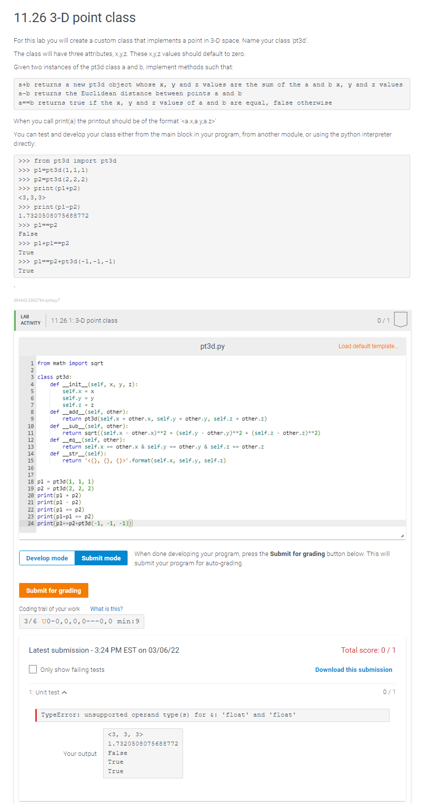 Solved 11.26 3-D point class For this lab you will create a | Chegg.com