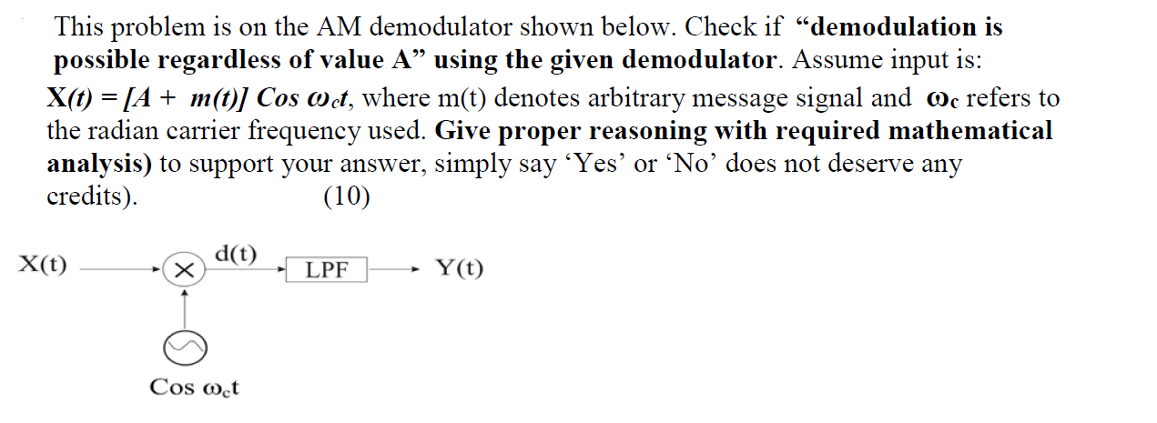 Solved This Problem Is On The AM Demodulator Shown Below. | Chegg.com