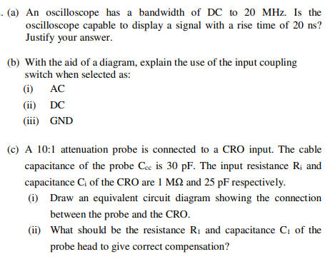 Solved . (a) An oscilloscope has a bandwidth of DC to 20 | Chegg.com