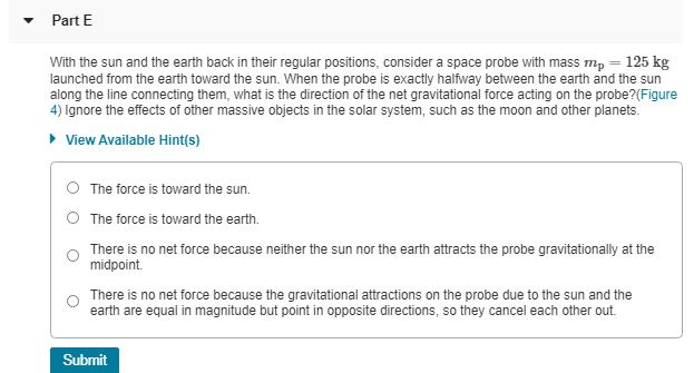 Solved Part E With the sun and the earth back in their | Chegg.com