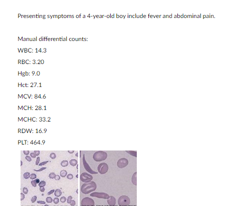 Presenting symptoms of a 4-year-old boy include fever and abdominal pain.
Manual differential counts:
WBC: \( 14.3 \)
RBC: \(