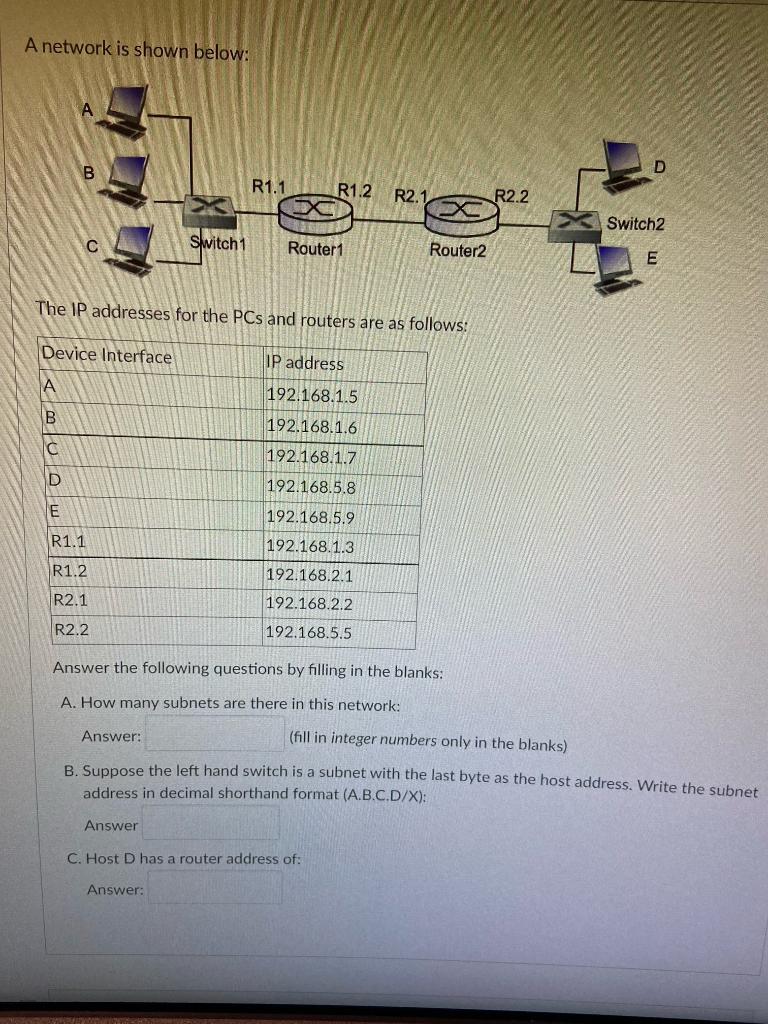 Solved A Network Is Shown Below: A B Switch 1 C Router1 | Chegg.com