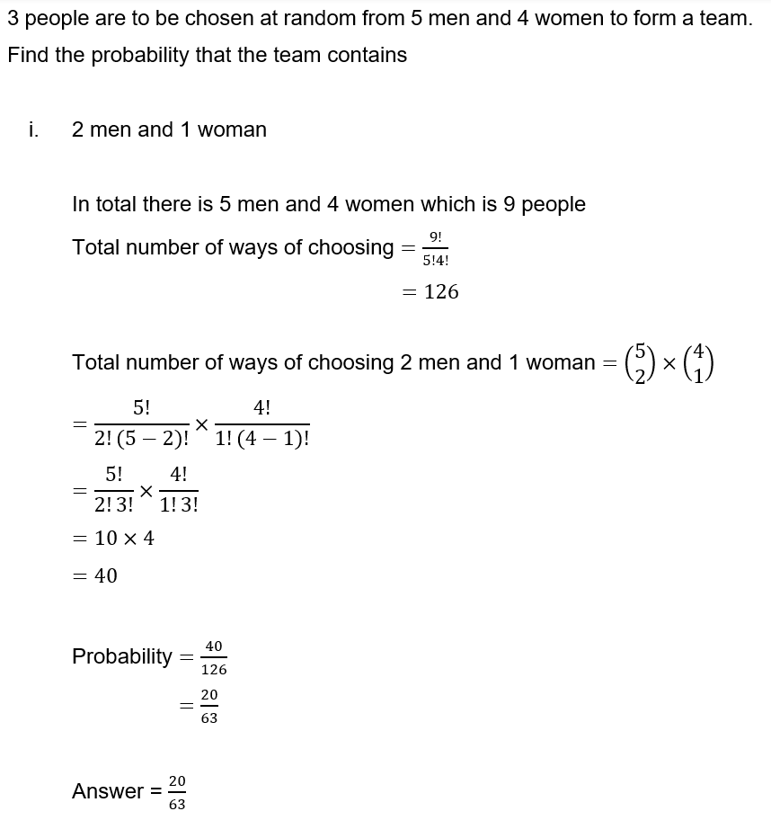 Solved 3 people are to be chosen at random from 5 men and 4 | Chegg.com