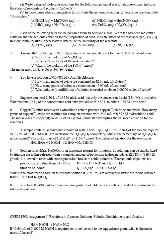 Solved 1. (a) Write balanced molecular equations for the | Chegg.com