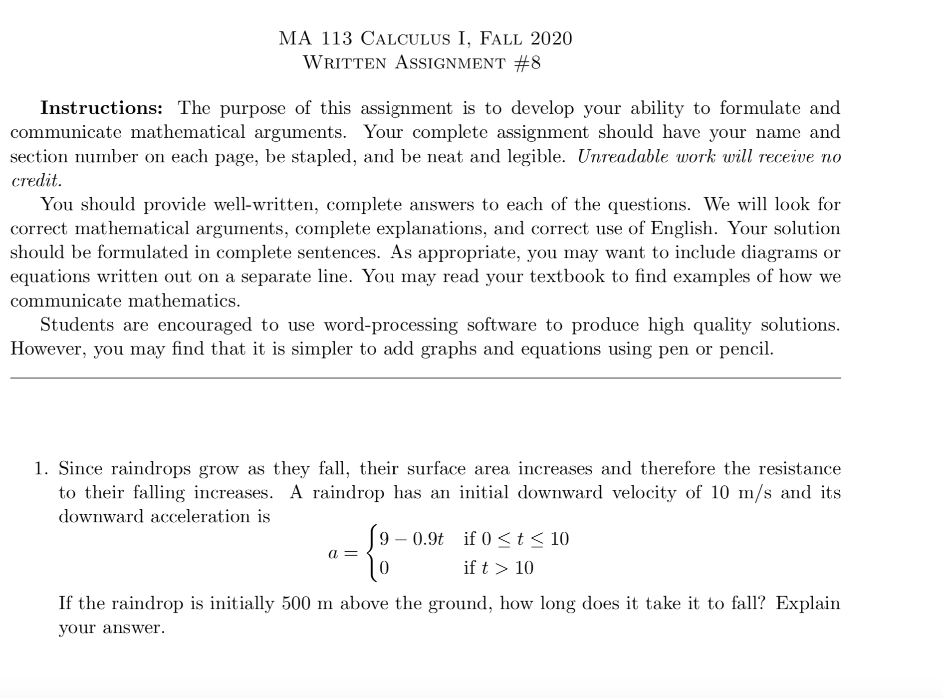 Solved MA 113 CALCULUS I, FALL 2020 WRITTEN ASSIGNMINT #9