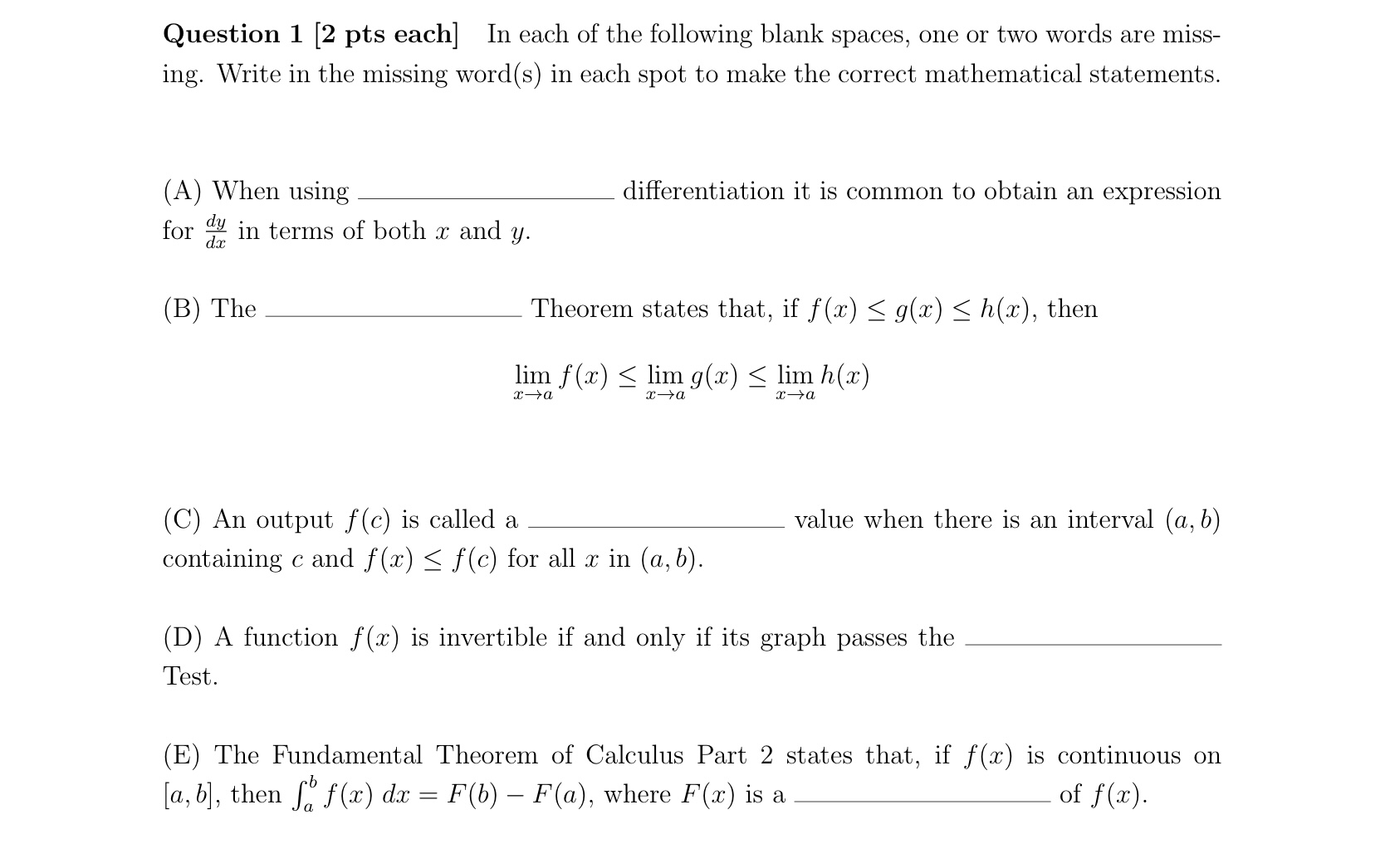 Solved Question 1 [2 Pts Each] In Each Of The Following | Chegg.com