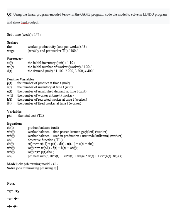 Q2. Using the linear program encoded below in the | Chegg.com