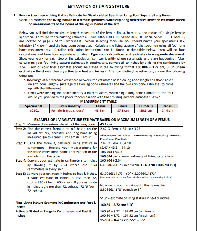 ESTIMATION OF LIVING STATURE 1. Female Specimen - | Chegg.com