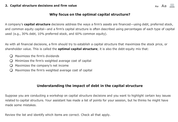Solved 2. Capital structure decisions and firm value Aa Aa