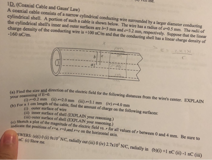 Solved o Tel me. 1D. (Coaxial Cable and Gauss' Law) A
