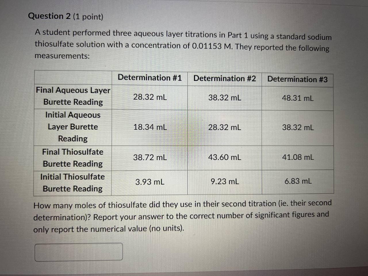 Question 2 (1 point)
A student performed three aqueous layer titrations in Part 1 using a standard sodium thiosulfate solutio