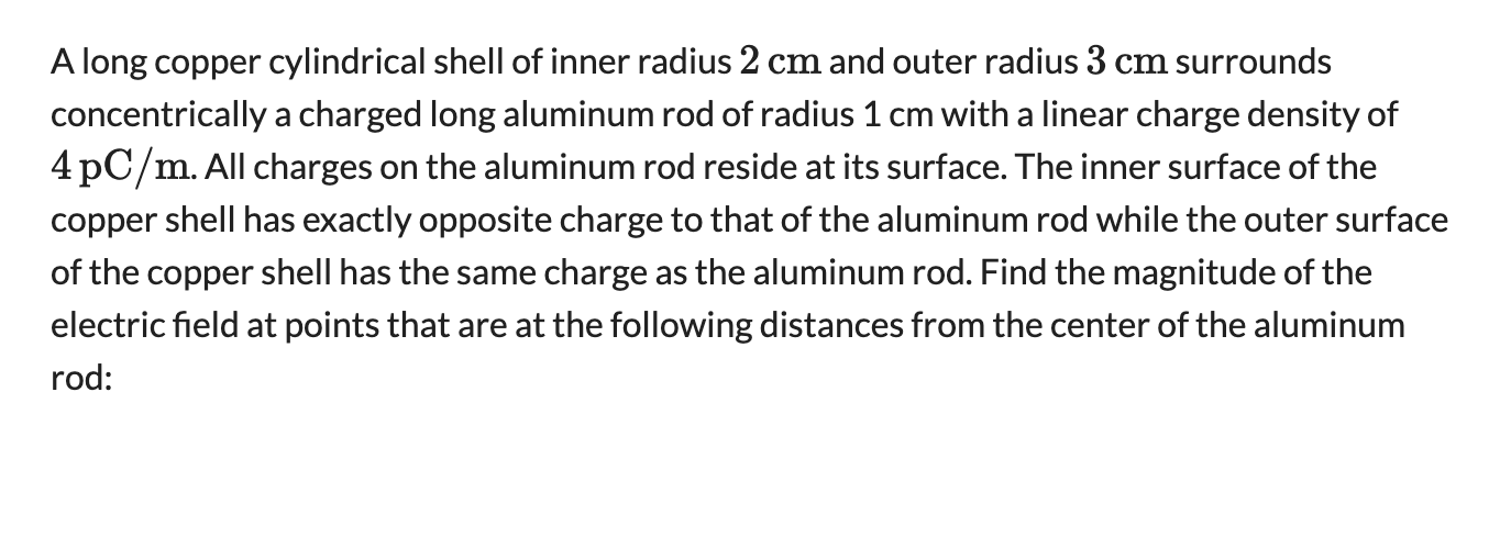 Solved A long copper cylindrical shell of inner radius 2 cm