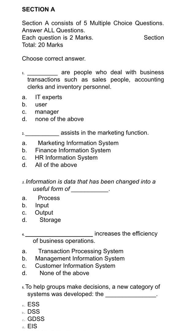 Solved SECTION A Section A consists of 5 Multiple Choice | Chegg.com