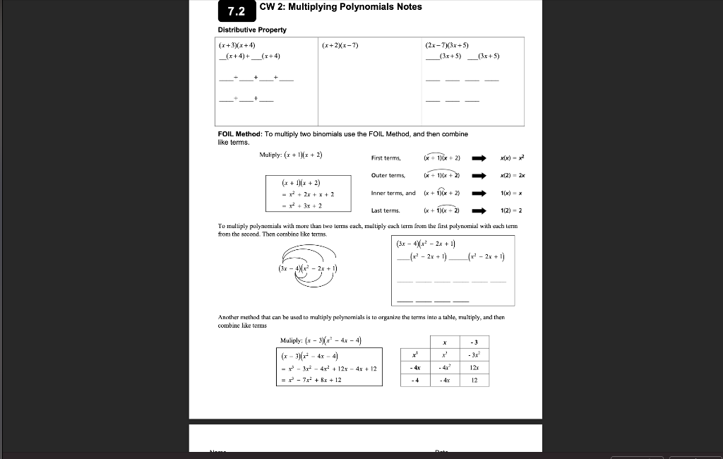 Solved 7.2 CW 2: Multiplying Polynomials Notes กdotelhastaa | Chegg.com