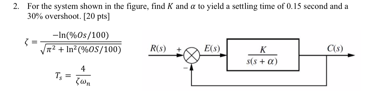 Solved 2. For the system shown in the figure, find K and a | Chegg.com