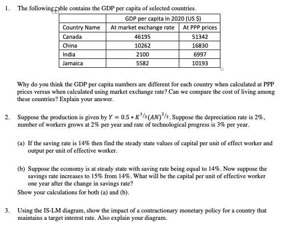 Solved The Following A Ble Contains The GDP Per Capita Of | Chegg.com