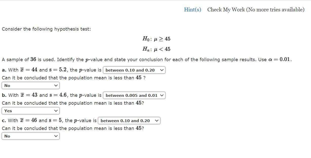 Solved Hint(s) Check My Work (No More Tries Available) | Chegg.com