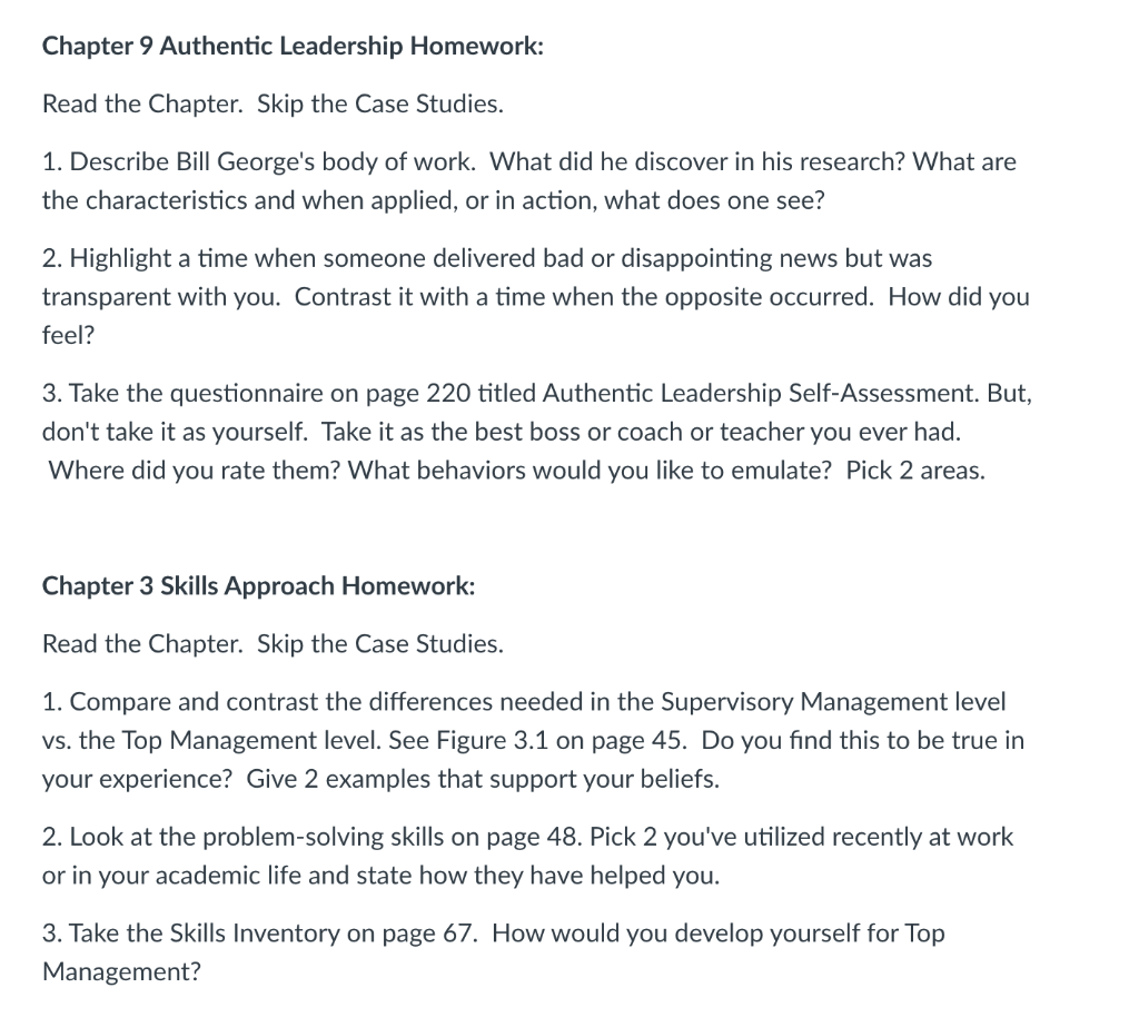 Chapter 9 Authentic Leadership Homework: Read the | Chegg.com