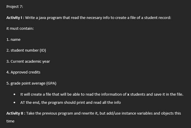 Solved Project 7: Activity I : Write a java program that | Chegg.com