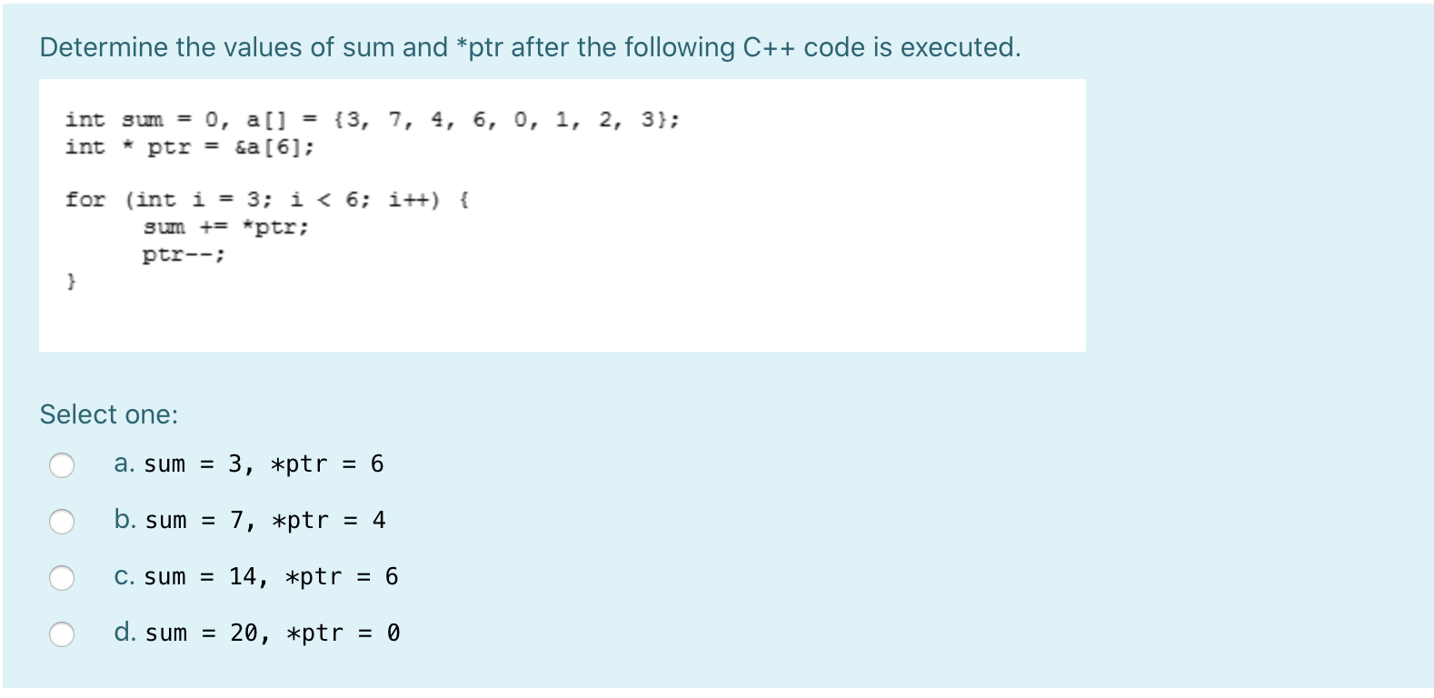 Solved Determine the values of sum and *ptr after the | Chegg.com