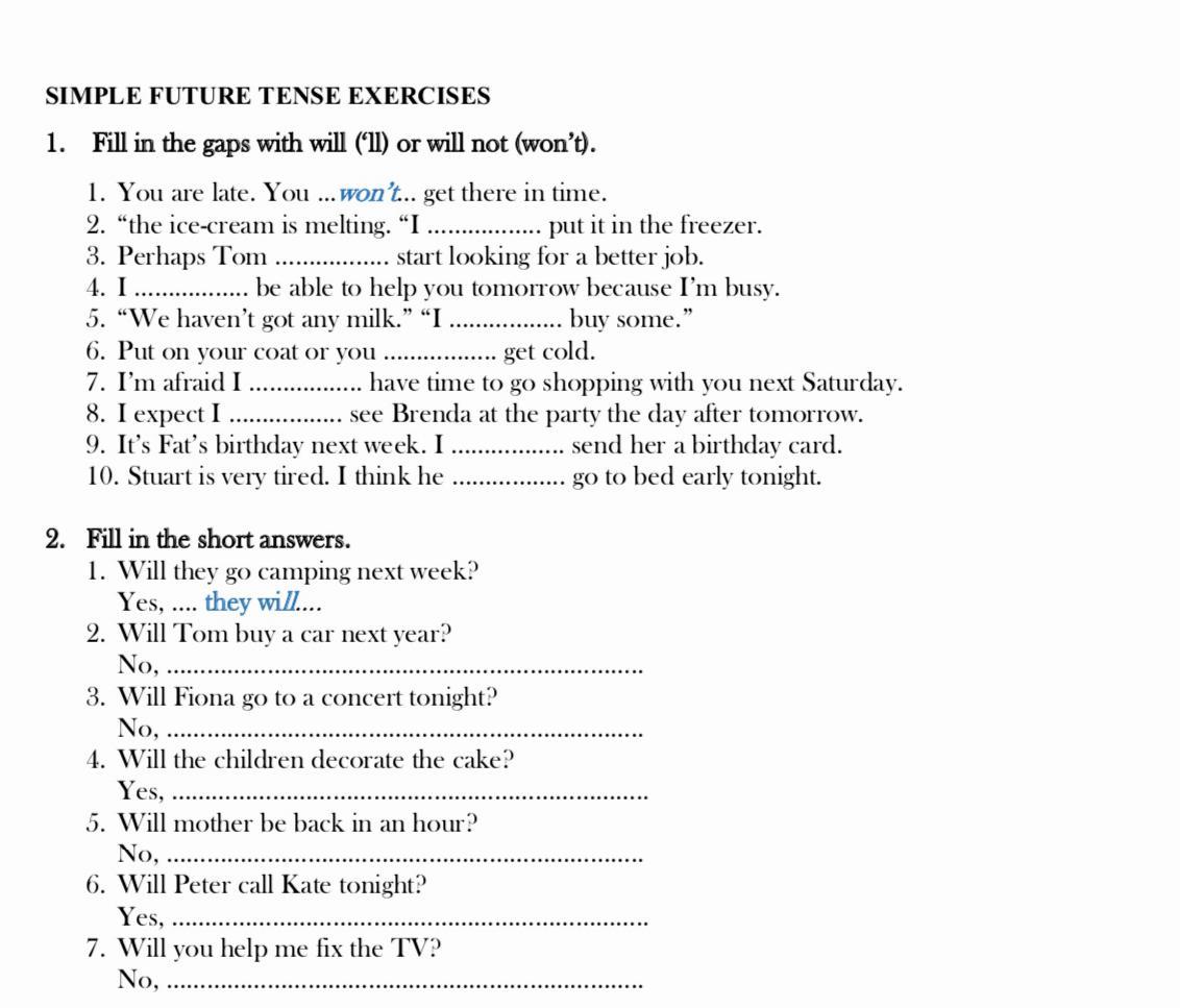 Solved Simple Future Tense Exercises 1 Fill In The Gaps Chegg Com