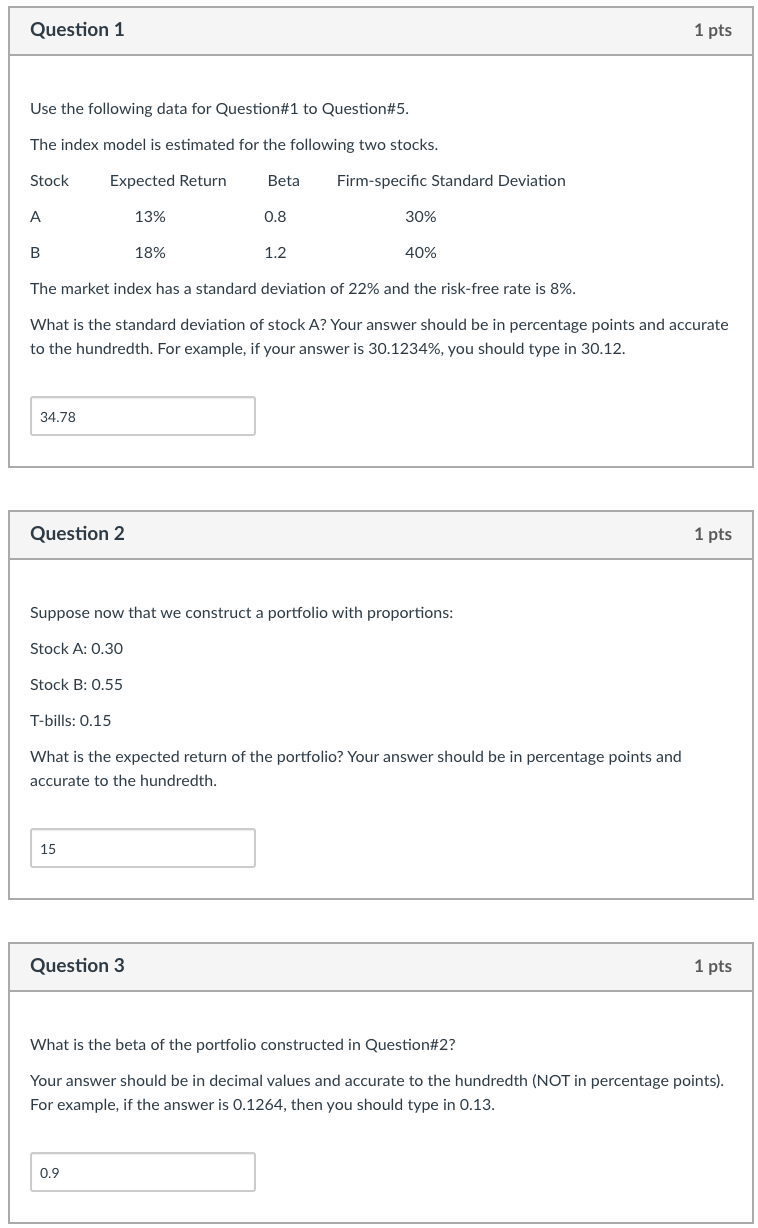 Solved Question 1 1 Pts Use The Following Data For | Chegg.com