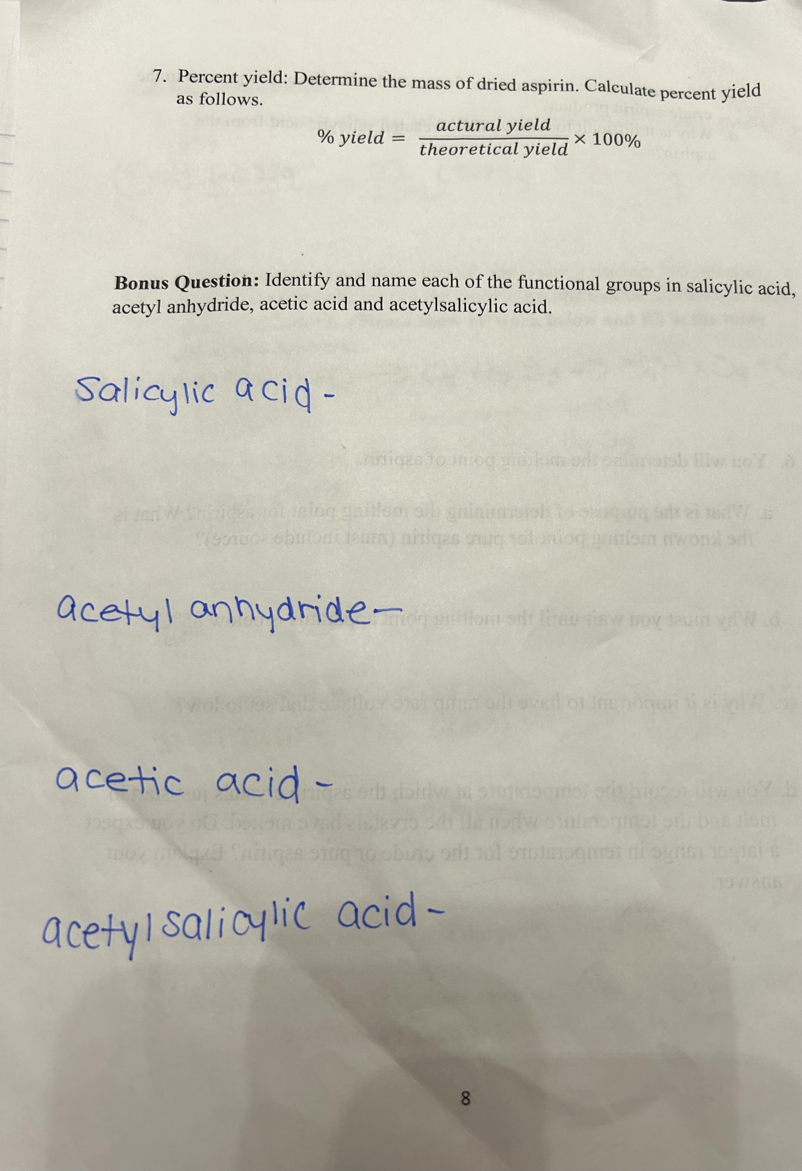 Solved 7 Percent yield Determine the mass of dried Chegg com