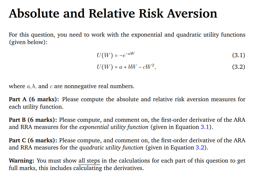 Absolute And Relative Risk Aversionfor This Question Chegg Com