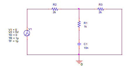 V1=0
V2 = 5V
TD = 0
TR = 1p
TF = 1p
V1
R2
W
2k
ww
HH
Hii
R1
1k
C1
10n
R3
W
2k