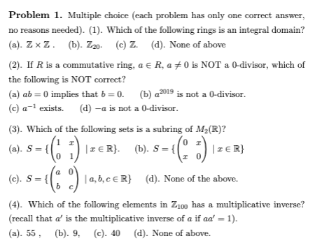 Solved Problem 1. Multiple Choice (each Problem Has Only One | Chegg.com