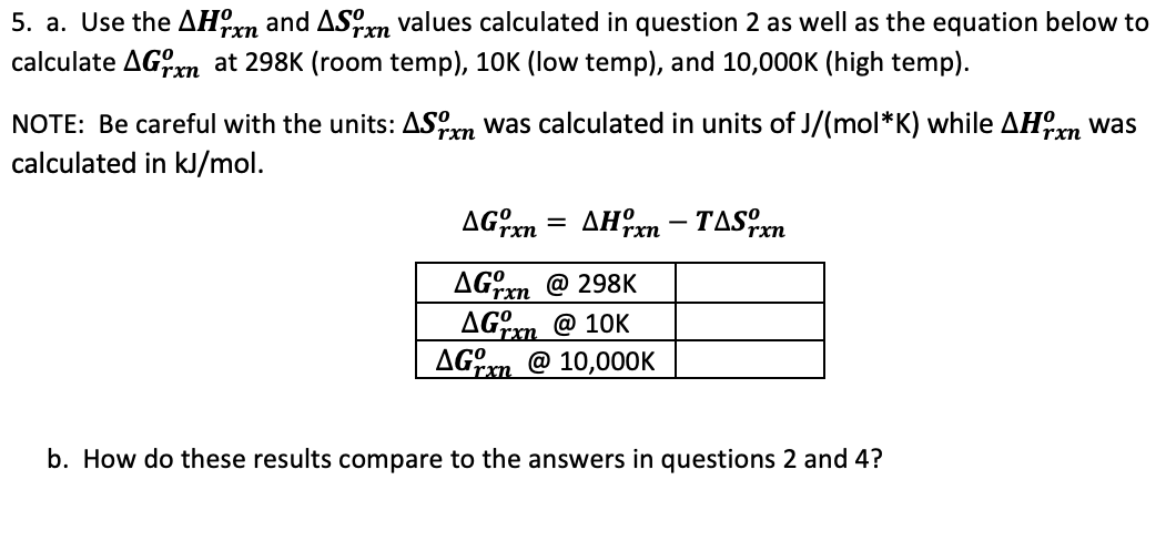 Delta's Rxn Chart a. Use the ΔHrxno and ΔSrxno values calculated in | Chegg.com