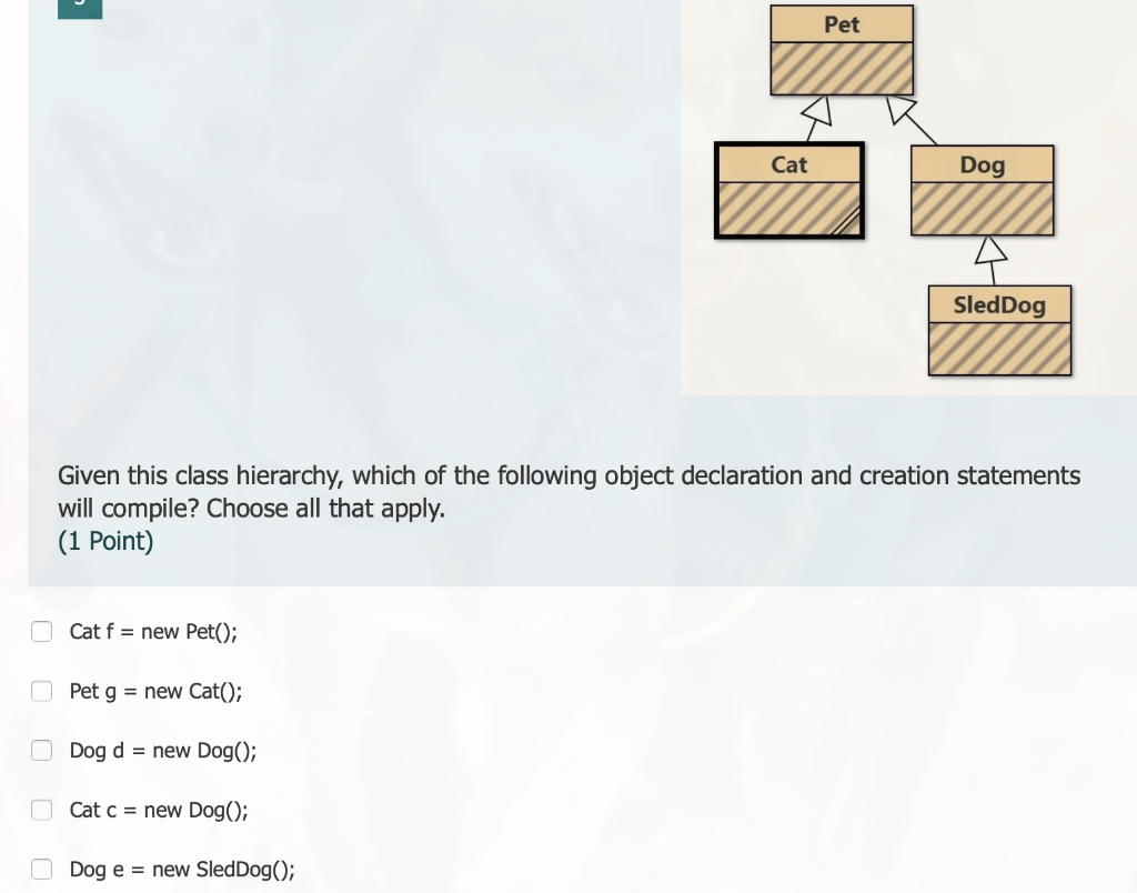 Solved Pet Cat Dog Sled Dog Given this class hierarchy, | Chegg.com