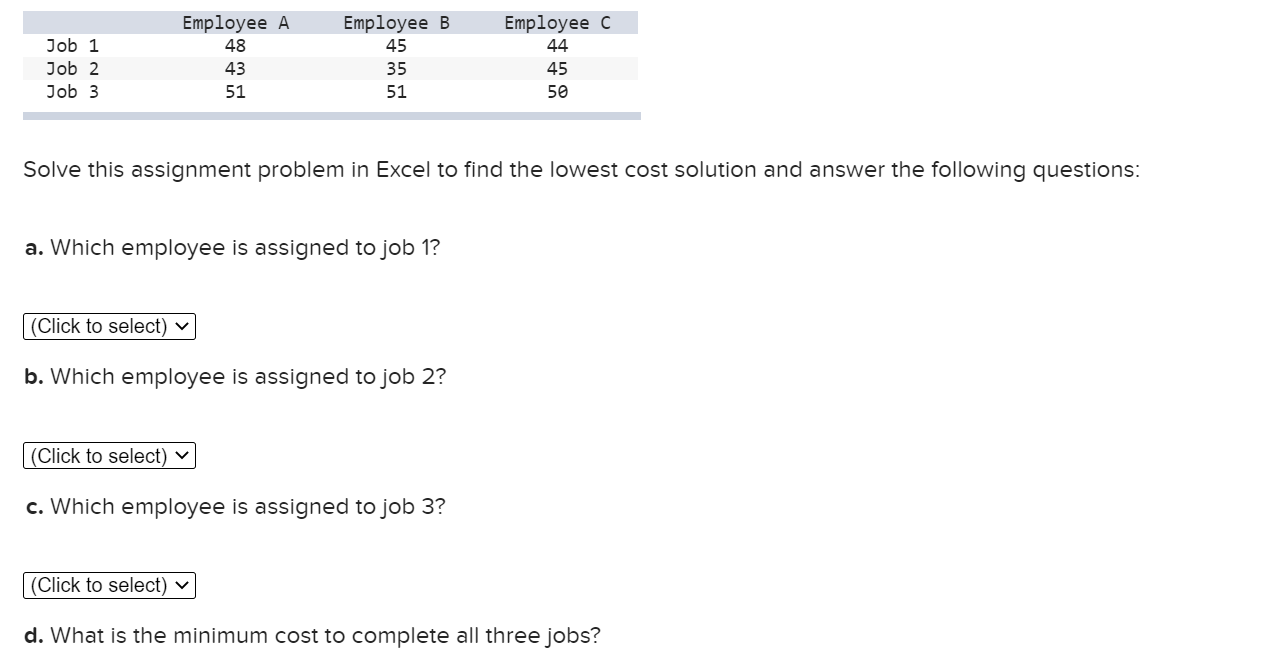 Solved Job 1 Job 2 Job 3 Employee A 48 43 51 Employee B 45 | Chegg.com