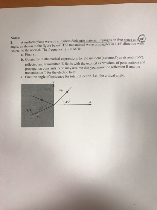 Solved Name: 2. A uniform plane wave in a lossless | Chegg.com