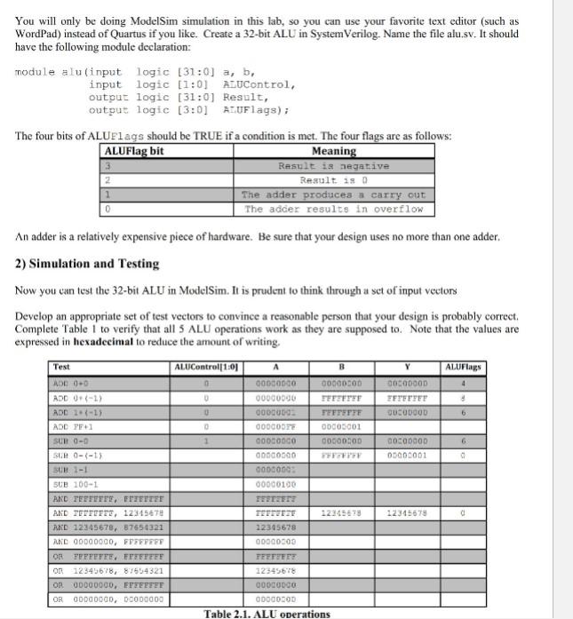 Solved You will only be doing ModelSim simulation in this | Chegg.com