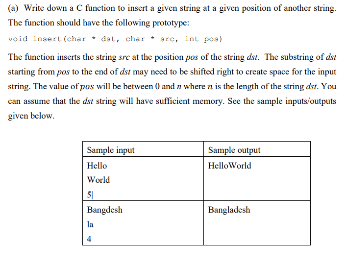 Solved (a) Write down a C function to insert a given string | Chegg.com image.