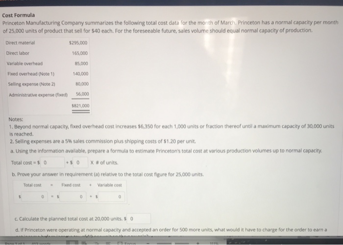 Solved Cost Formula Princeton Manufacturing Company