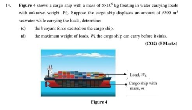 Figure 4 shows a cargo ship with a mass of \( 5 \times 10^{5} \mathrm{~kg} \) floating in water carrying loads with unknown w