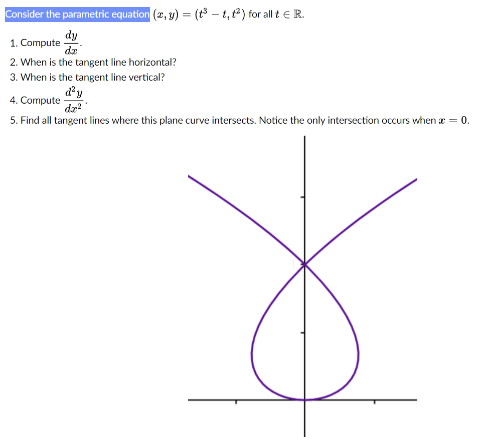 Solved (x,y)=(t3−t,t2) for all t∈R 1. Compute dxdy. 2. When | Chegg.com