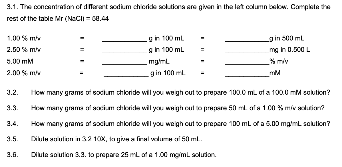 Solved 3.1. The concentration of different sodium chloride | Chegg.com