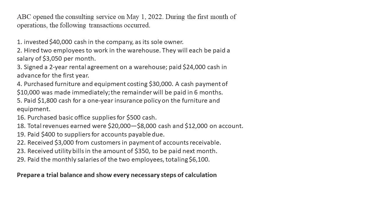 Solved ABC opened the consulting service on May 1, 2022.
