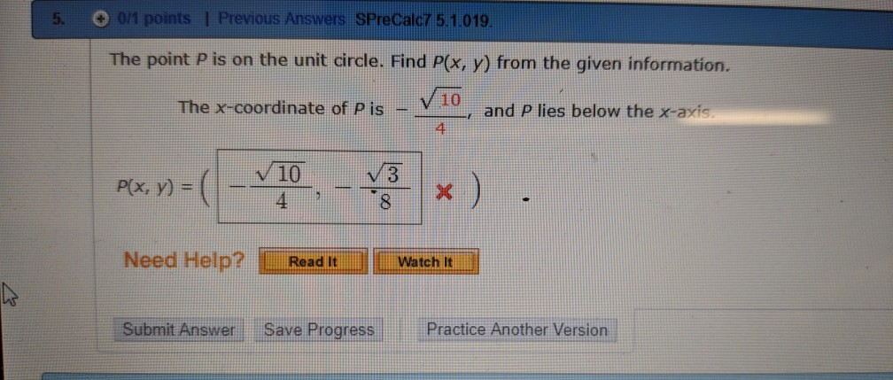 Solved The point P is on the unit circle. Find P(x, y) from | Chegg.com