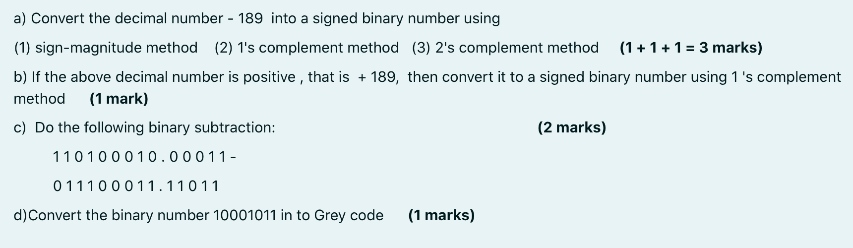 convert the following decimal number to equivalent binary form 189