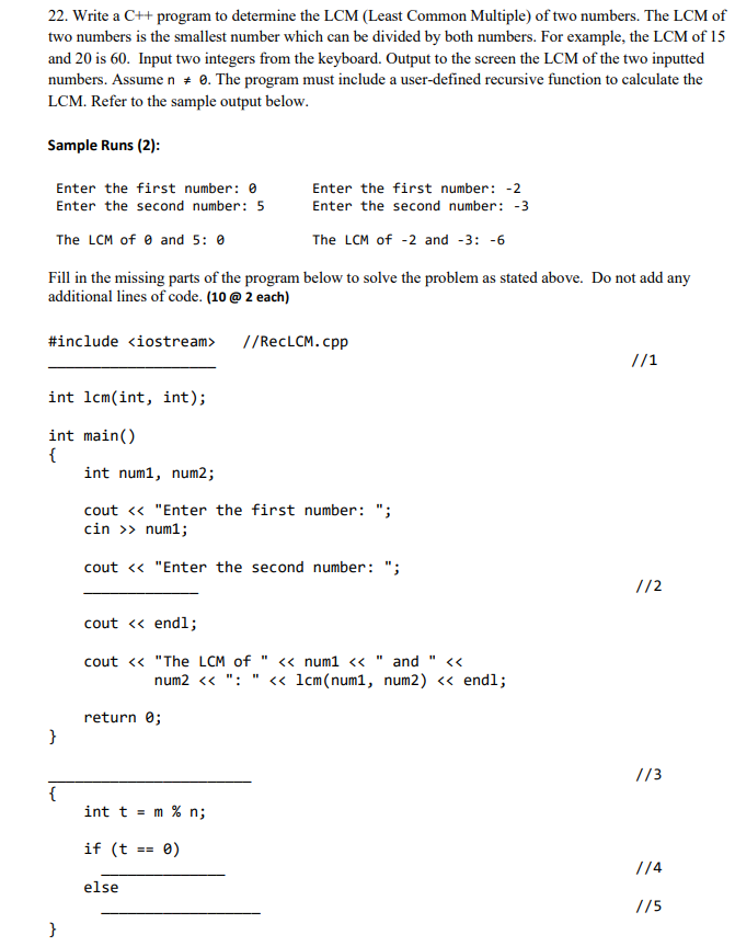 22. Write a C++ program to determine the LCM (Least | Chegg.com