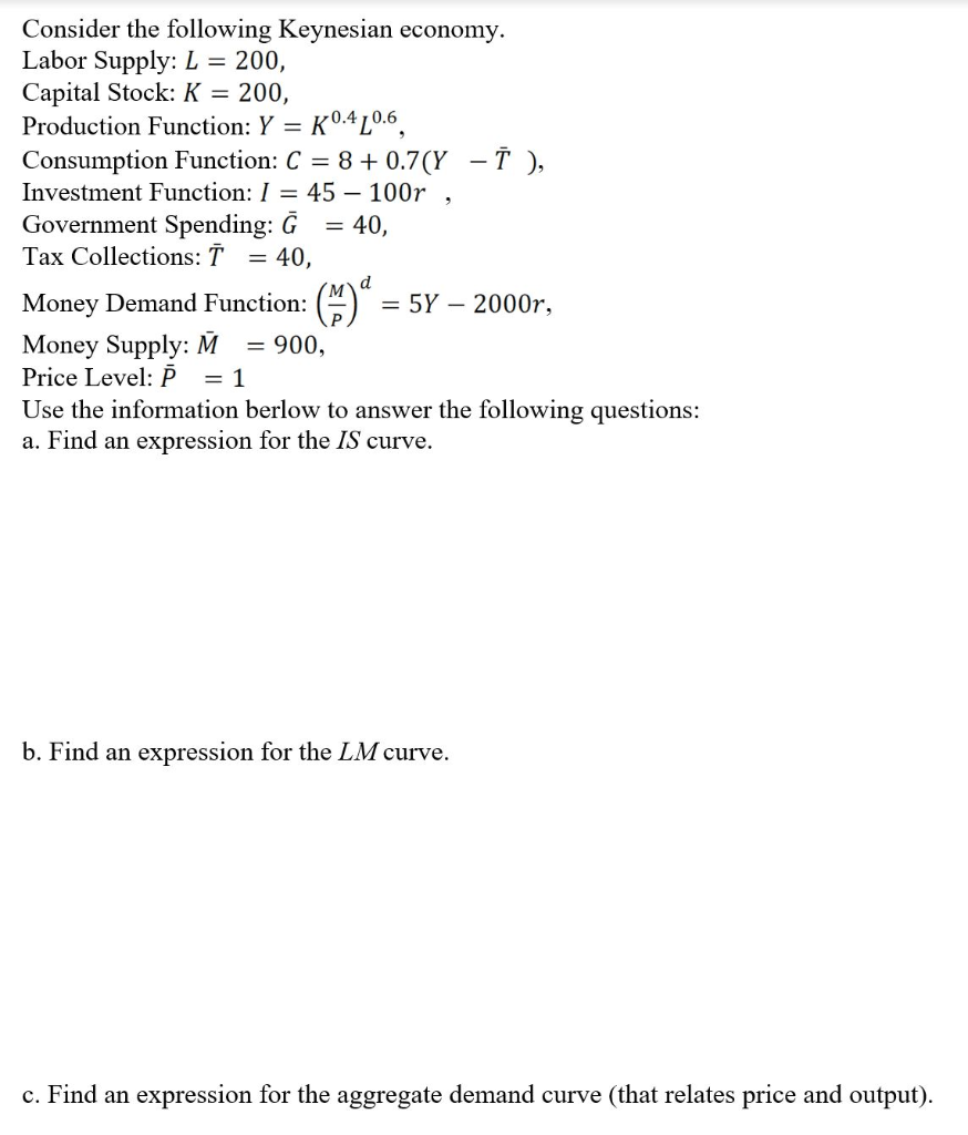 Solved Consider The Following Keynesian Economy. Labor | Chegg.com