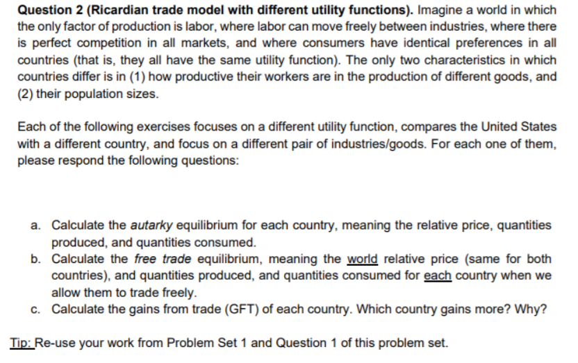 Question 2 (Ricardian trade model with different | Chegg.com