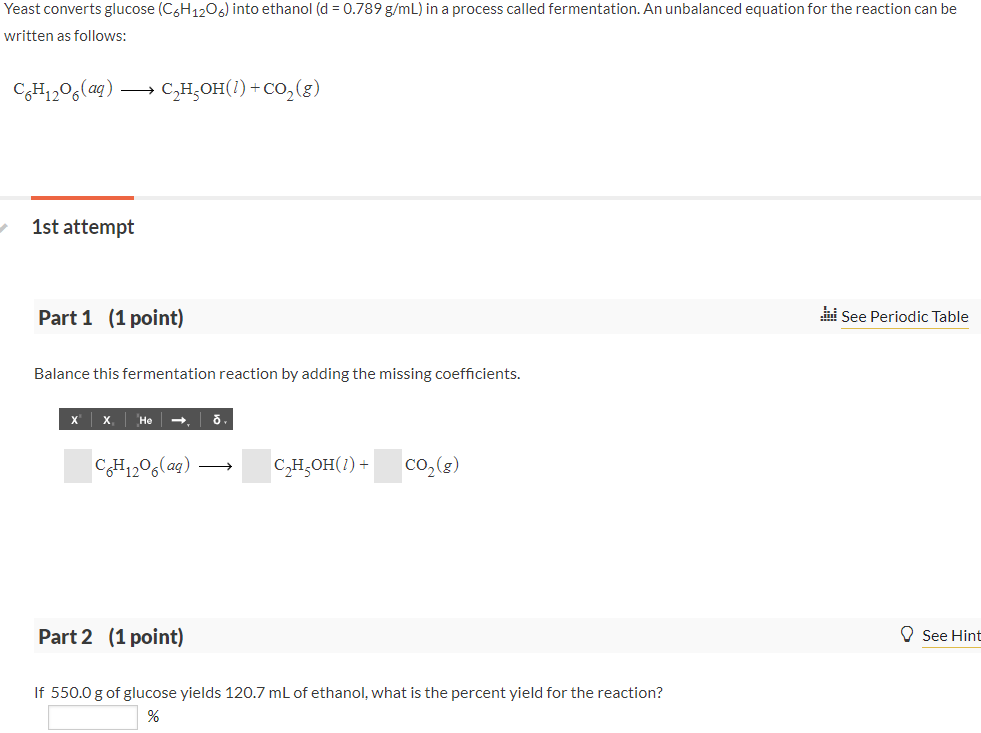 Solved Yeast converts glucose (C6H12O6) into ethanol (d = | Chegg.com