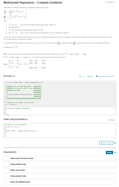 Multivariate Regression - Compute Gradients | Chegg.com