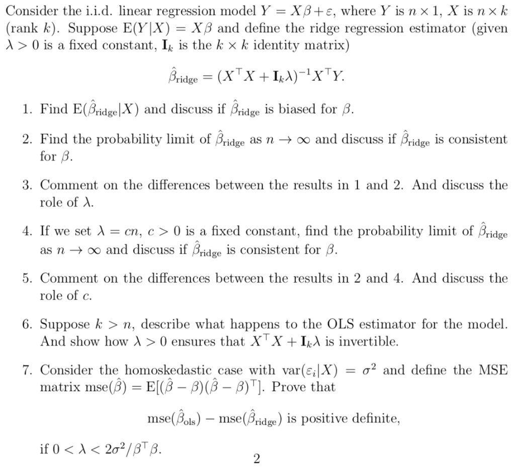 Consider The I I D Linear Regression Model Y X8 Chegg Com
