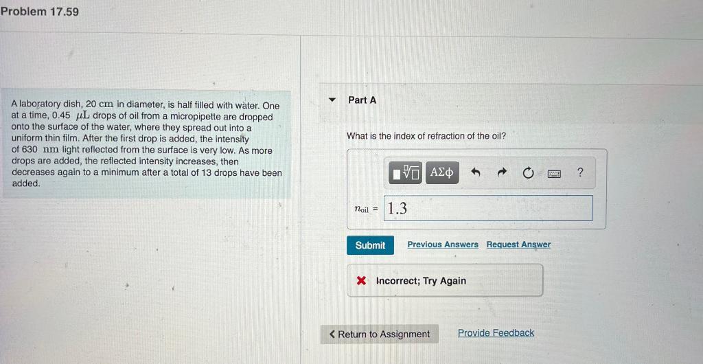 Solved Problem 17.59 Part A What is the index of refraction | Chegg.com